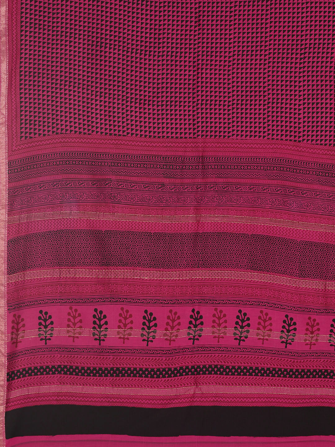 Pink and Black, Kalakari India Pink & Black Silk Blend Printed Maheshwari Saree ZIBASA0111-Saree-Kalakari India-ZIBASA0111-Bagh, Geographical Indication, Hand Block, Hand Crafted, Heritage Prints, Maheshwari, Natural Dyes, Red, Sarees, Silk Blend, Sustainable Fabrics, Woven, Yellow-[Linen,Ethnic,wear,Fashionista,Handloom,Handicraft,Indigo,blockprint,block,print,Cotton,Chanderi,Blue, latest,classy,party,bollywood,trendy,summer,style,traditional,formal,elegant,unique,style,hand,block,print, dabu,b