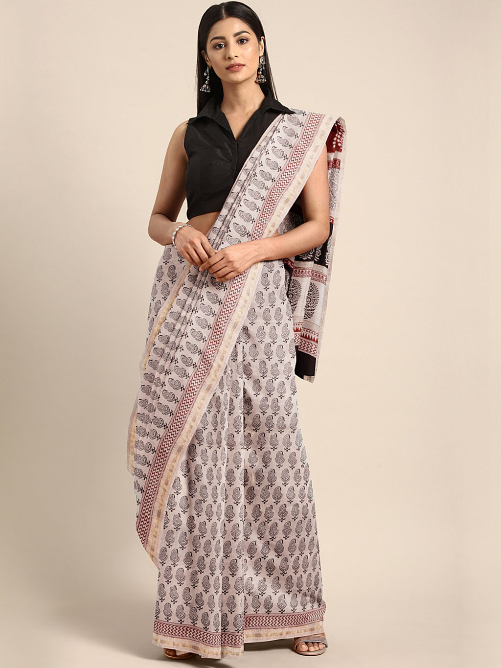 White and Maroon, Kalakari India Off-White & Maroon Handblock Print Maheshwari Saree ZIBASA0112-Saree-Kalakari India-ZIBASA0112-Bagh, Geographical Indication, Hand Block, Hand Crafted, Heritage Prints, Maheshwari, Natural Dyes, Red, Sarees, Silk Blend, Sustainable Fabrics, Woven, Yellow-[Linen,Ethnic,wear,Fashionista,Handloom,Handicraft,Indigo,blockprint,block,print,Cotton,Chanderi,Blue, latest,classy,party,bollywood,trendy,summer,style,traditional,formal,elegant,unique,style,hand,block,print, d