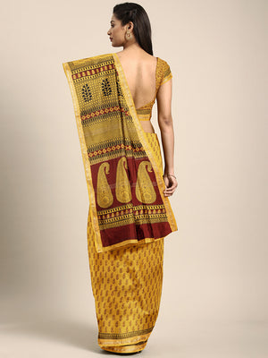 Yellow and Maroon, Kalakari India Mustard Yellow & Maroon Printed Maheshwari Saree ZIBASA0113-Saree-Kalakari India-ZIBASA0113-Bagh, Geographical Indication, Hand Block, Hand Crafted, Heritage Prints, Maheshwari, Natural Dyes, Red, Sarees, Silk Blend, Sustainable Fabrics, Woven, Yellow-[Linen,Ethnic,wear,Fashionista,Handloom,Handicraft,Indigo,blockprint,block,print,Cotton,Chanderi,Blue, latest,classy,party,bollywood,trendy,summer,style,traditional,formal,elegant,unique,style,hand,block,print, dab