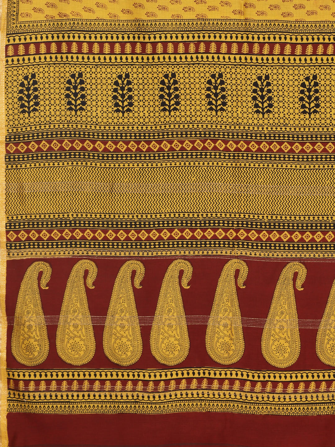 Yellow and Maroon, Kalakari India Mustard Yellow & Maroon Printed Maheshwari Saree ZIBASA0113-Saree-Kalakari India-ZIBASA0113-Bagh, Geographical Indication, Hand Block, Hand Crafted, Heritage Prints, Maheshwari, Natural Dyes, Red, Sarees, Silk Blend, Sustainable Fabrics, Woven, Yellow-[Linen,Ethnic,wear,Fashionista,Handloom,Handicraft,Indigo,blockprint,block,print,Cotton,Chanderi,Blue, latest,classy,party,bollywood,trendy,summer,style,traditional,formal,elegant,unique,style,hand,block,print, dab