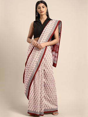 White and Red, Kalakari India Off-White & Maroon Printed Bagh Handloom Saree ZIBASA0109-Saree-Kalakari India-ZIBASA0109-Bagh, Cotton, Geographical Indication, Hand Crafted, Heritage Prints, Natural Dyes, Red, Sarees, Sustainable Fabrics, Woven, Yellow-[Linen,Ethnic,wear,Fashionista,Handloom,Handicraft,Indigo,blockprint,block,print,Cotton,Chanderi,Blue, latest,classy,party,bollywood,trendy,summer,style,traditional,formal,elegant,unique,style,hand,block,print, dabu,booti,gift,present,glamorous,aff