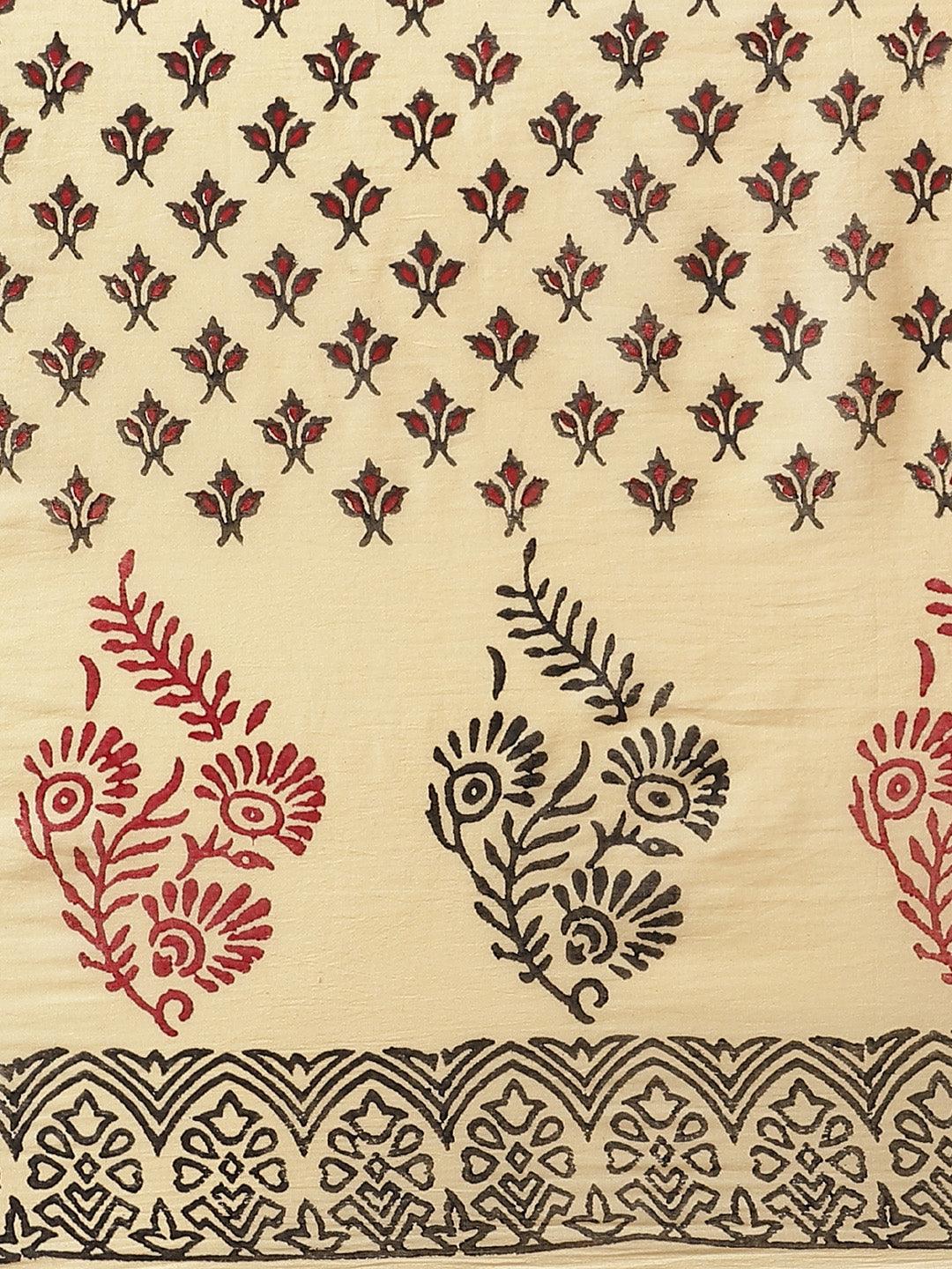 Beige and Black, Kalakari India Cotton Beige Hand crafted saree with blouse HUPASA0013 - Kalakari India