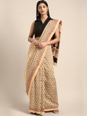 Beige and Maroon, Kalakari India Beige & Black Printed Maheshwari Saree ZIBASA0114 - Kalakari India