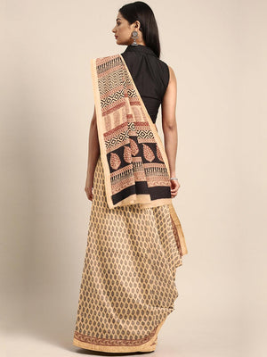 Beige and Maroon, Kalakari India Beige & Black Printed Maheshwari Saree ZIBASA0114 - Kalakari India