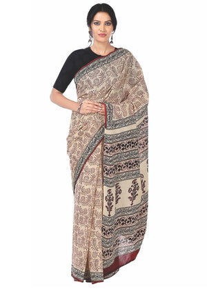 Beige Bagh Hand Block Print Handcrafted Cotton Saree - Kalakari India