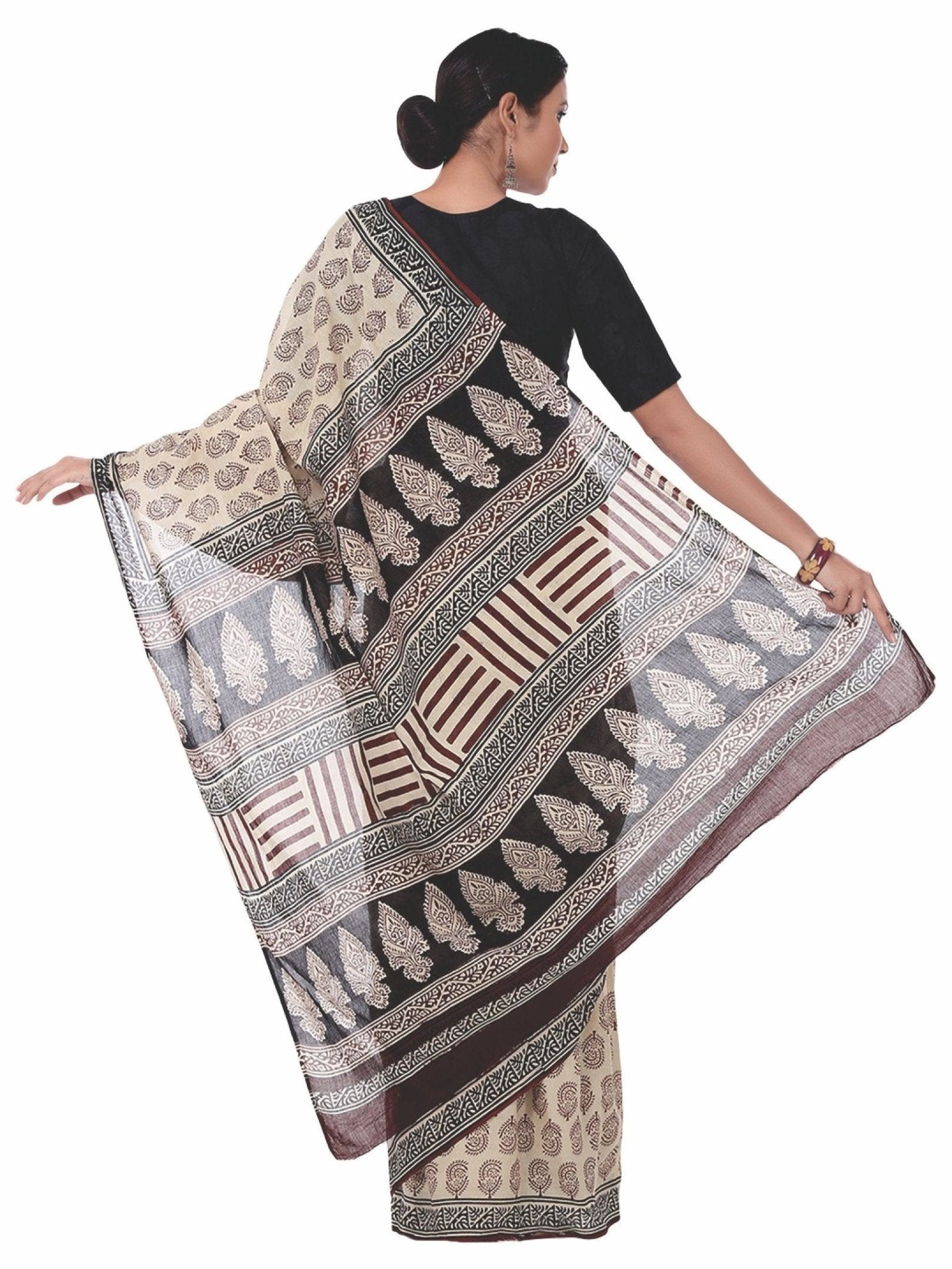 Beige Bagh Hand Block Print Handcrafted Cotton Saree - Kalakari India