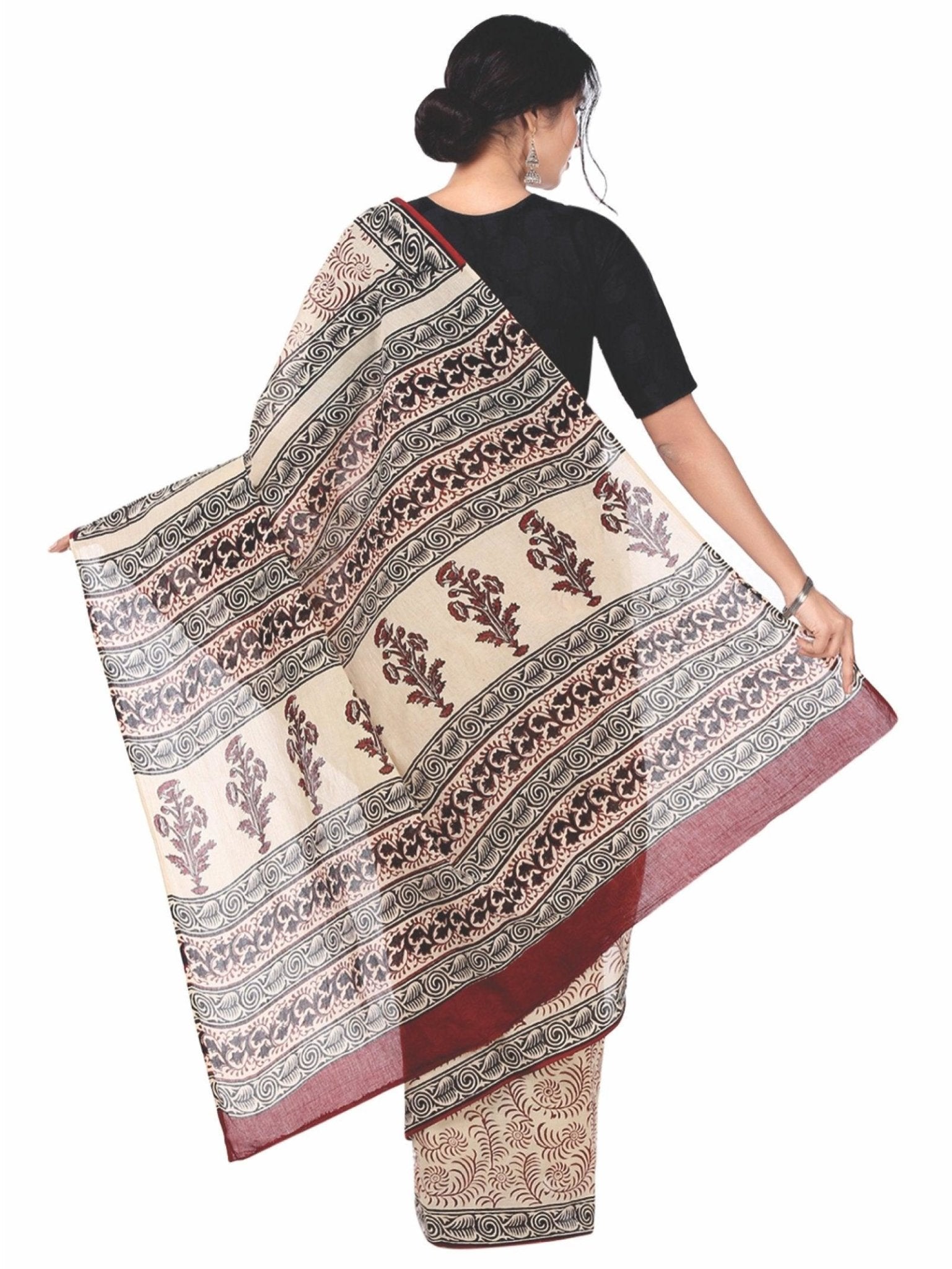 Beige Bagh Hand Block Print Handcrafted Cotton Saree - Kalakari India