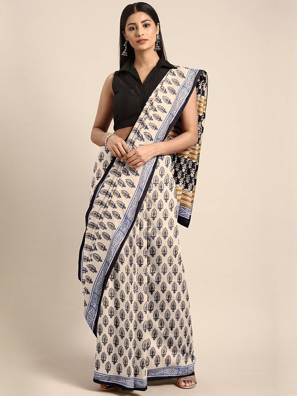 Beige & Blue Hand Block Print Handcrafted Cotton Saree - Kalakari India
