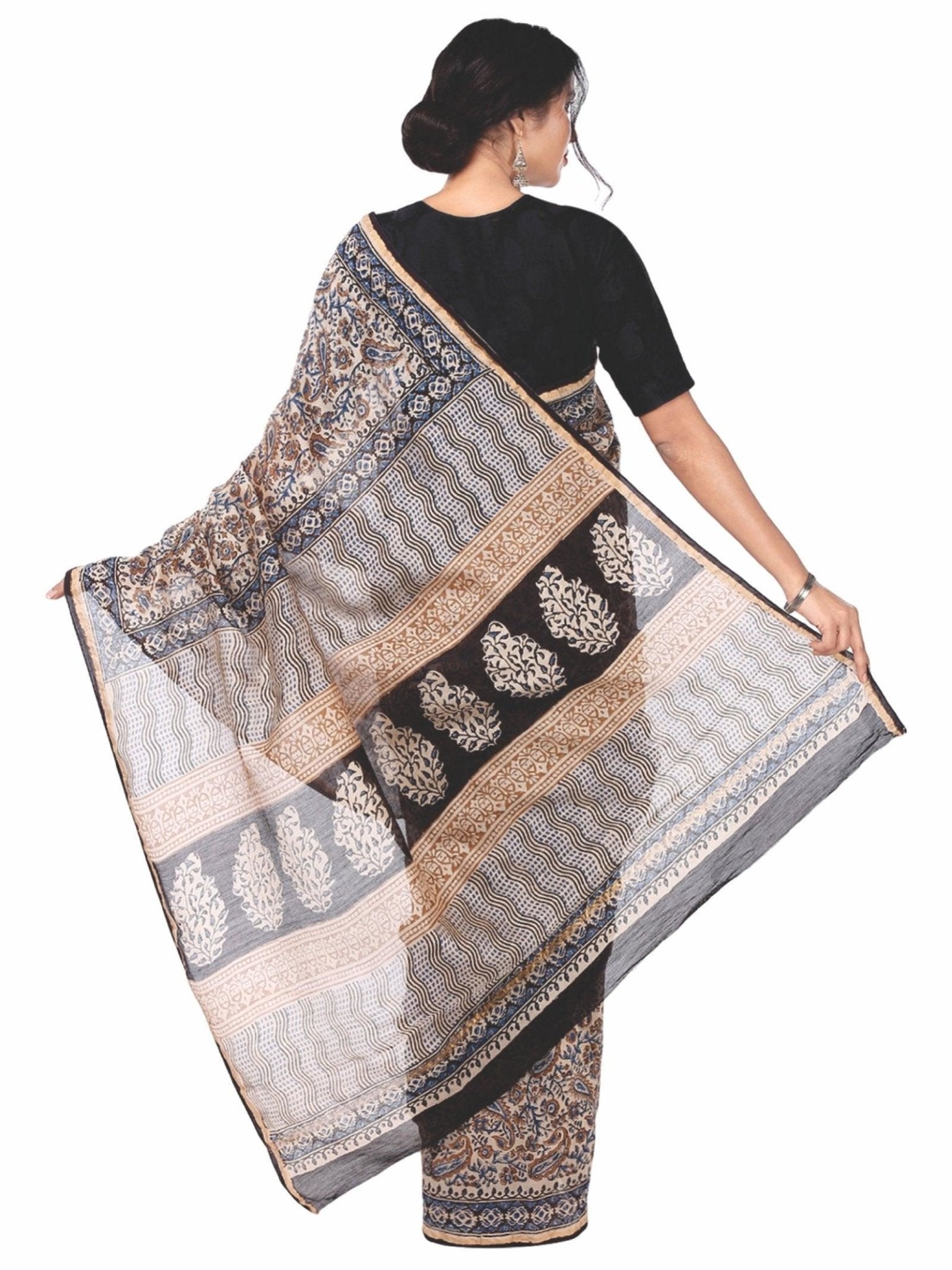 Beige Chanderi Silk Kalamkari Hand Block Print Handcrafted Saree - Kalakari India
