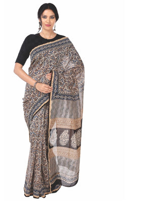 Beige Chanderi Silk Kalamkari Hand Block Print Handcrafted Saree - Kalakari India