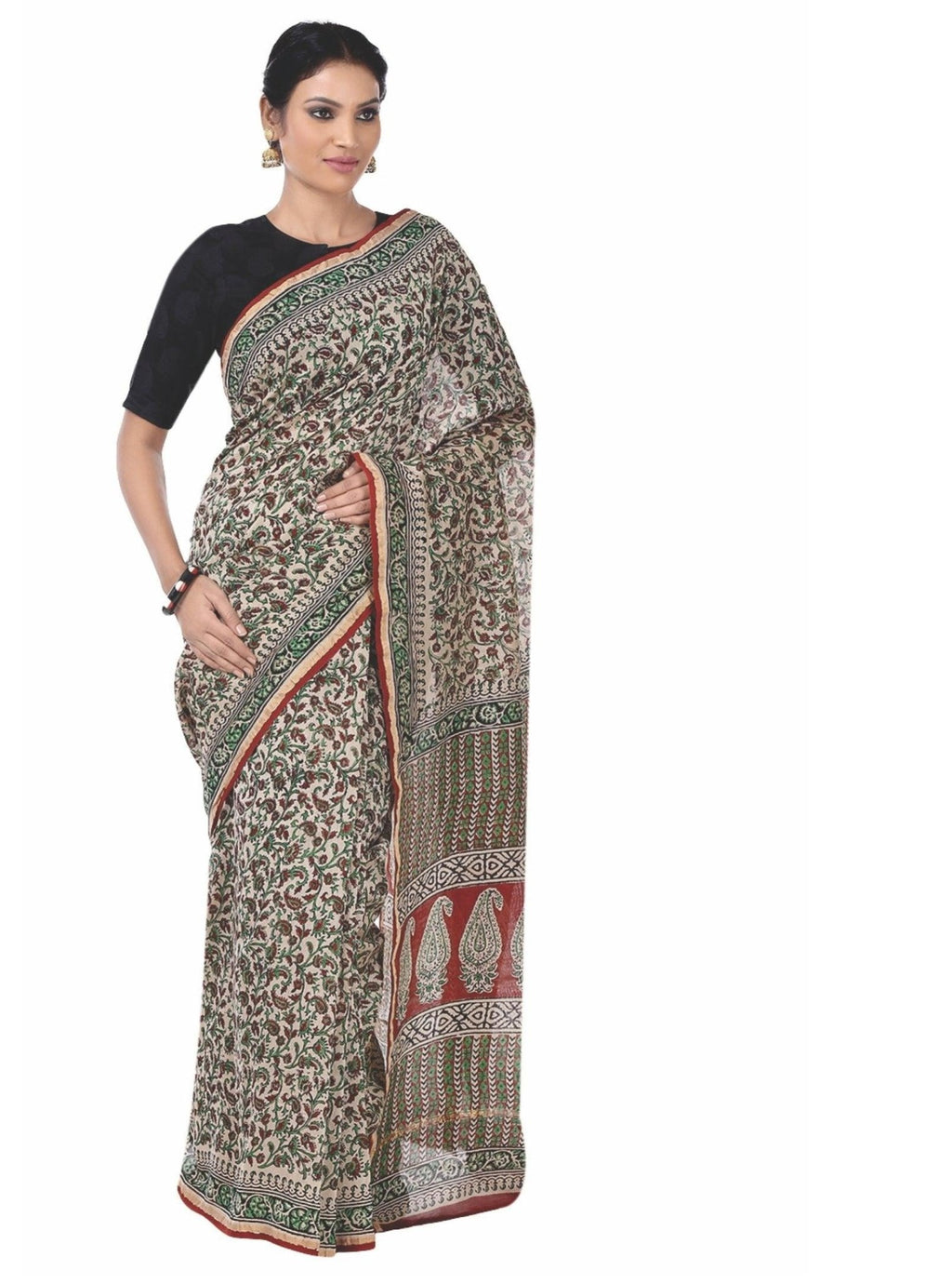 Beige & Maroon Chanderi Silk Kalamkari Hand Block Print Handcrafted Saree - Kalakari India