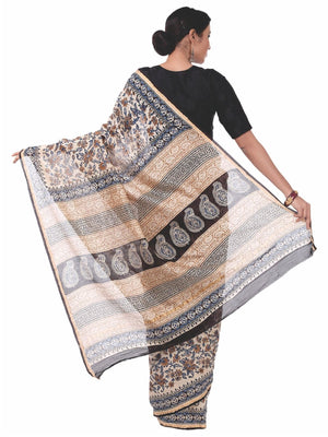 Beige & Maroon Chanderi Silk Kalamkari Hand Block Print Handcrafted Saree - Kalakari India