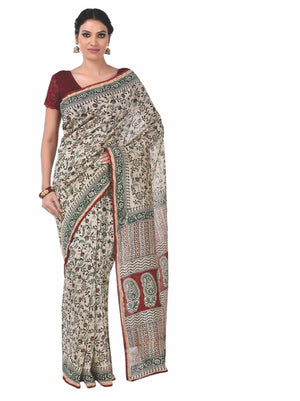 Beige & MaroonChanderi Silk Kalamkari Hand Block Print Handcrafted Saree - Kalakari India