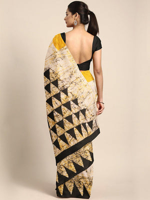 Beige & Mustard Yellow Tie & Dyed Handcrafted Batik Cotton Saree - Kalakari India