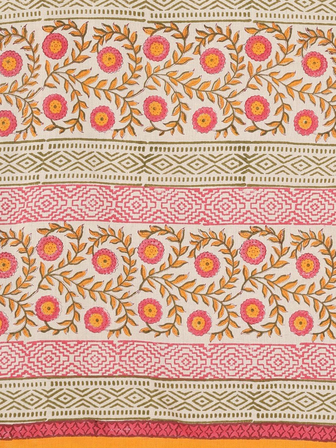 Beige & Pink Hand Block Print Handcrafted Cotton Saree - Kalakari India