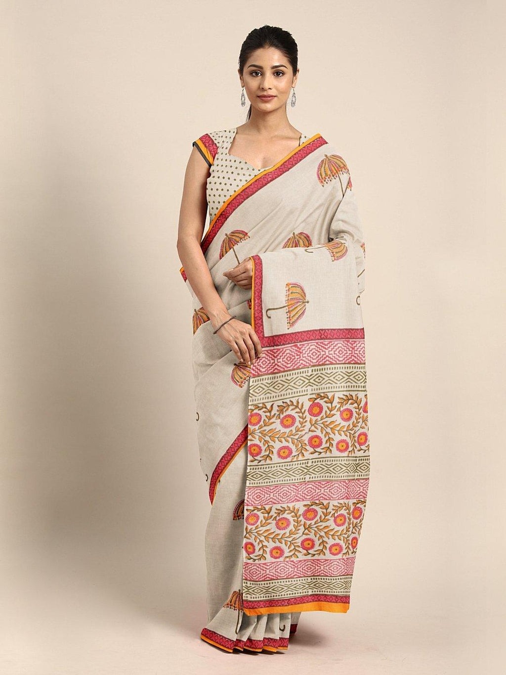 Beige & Pink Hand Block Print Handcrafted Cotton Saree - Kalakari India
