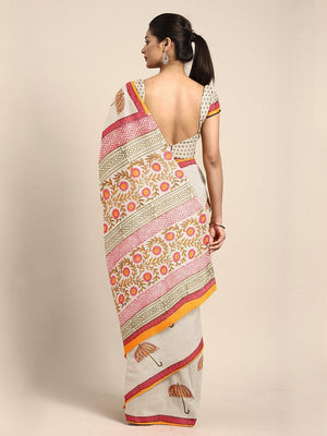 Beige & Pink Hand Block Print Handcrafted Cotton Saree - Kalakari India