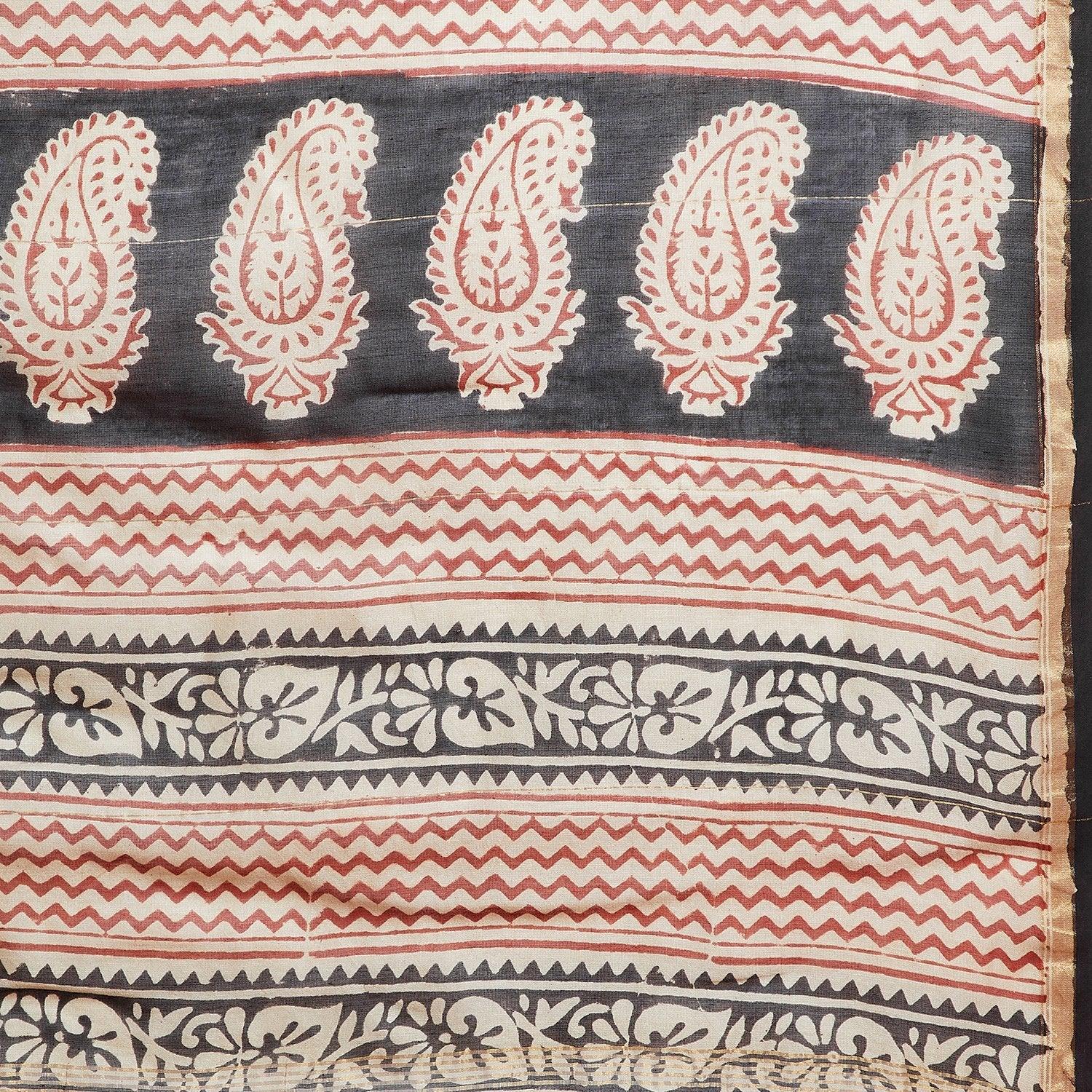 Beige & Red Chanderi Silk Hand Block Print Handcrafted Saree - Kalakari India