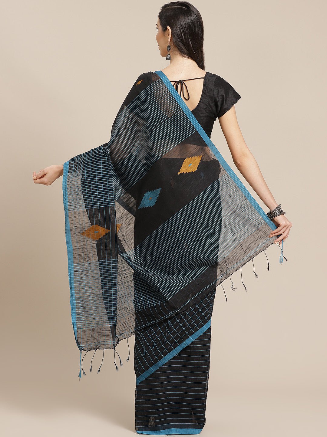 Black and Blue, Kalakari India Ikat Silk Cotton Woven Design Saree with Blouse SHBESA0039 - Kalakari India