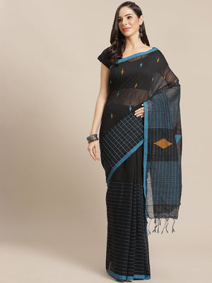Black and Blue, Kalakari India Ikat Silk Cotton Woven Design Saree with Blouse SHBESA0039 - Kalakari India