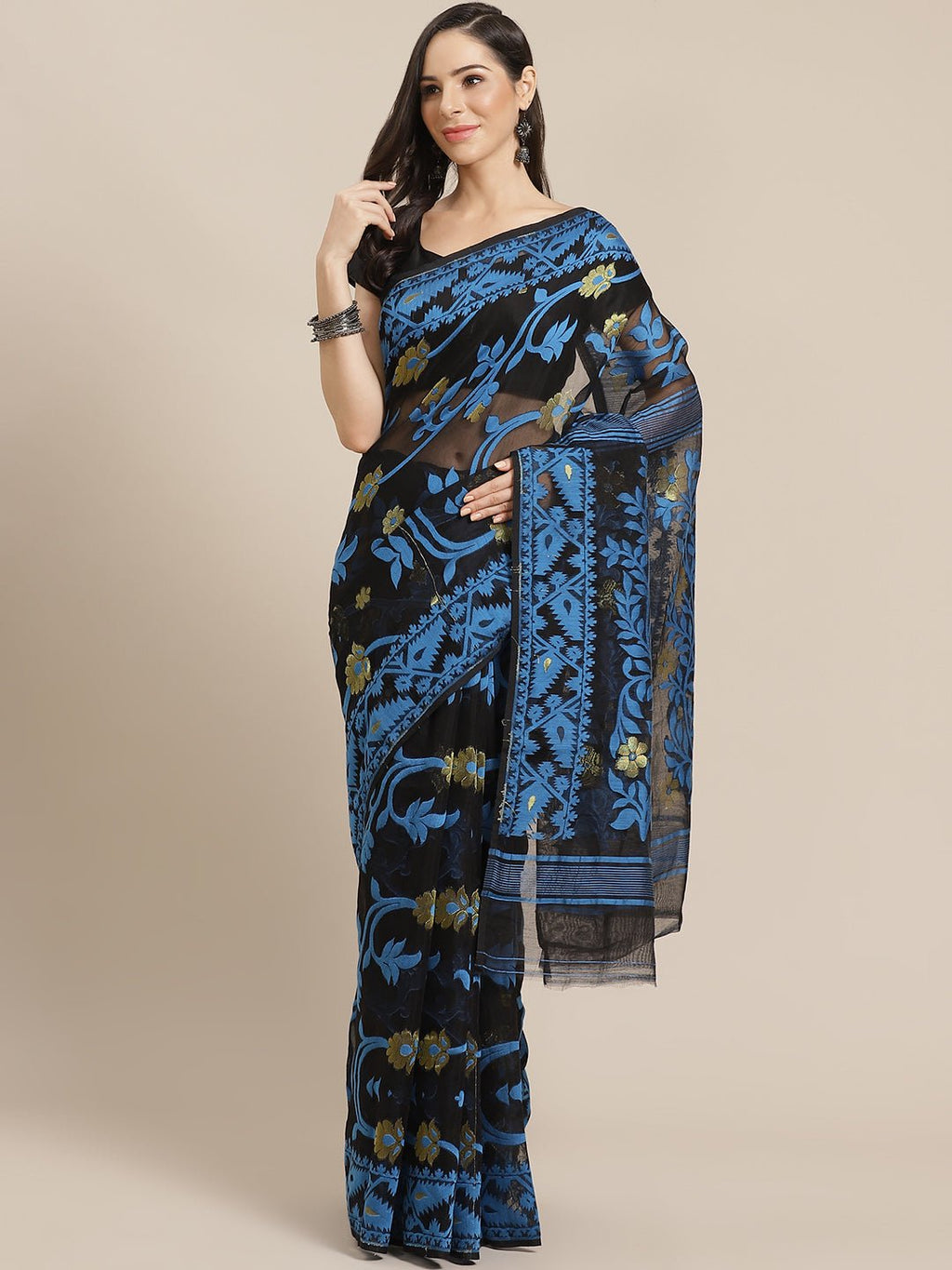 Black and Blue, Kalakari India Jamdani Silk Cotton Woven Design Saree without blouse CHBHSA0034 - Kalakari India