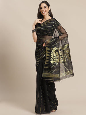 Black and Gold, Kalakari India Jamdani Silk Cotton Woven Design Saree without blouse CHBHSA0010 - Kalakari India
