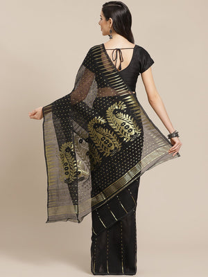 Black and Gold, Kalakari India Jamdani Silk Cotton Woven Design Saree without blouse CHBHSA0010 - Kalakari India