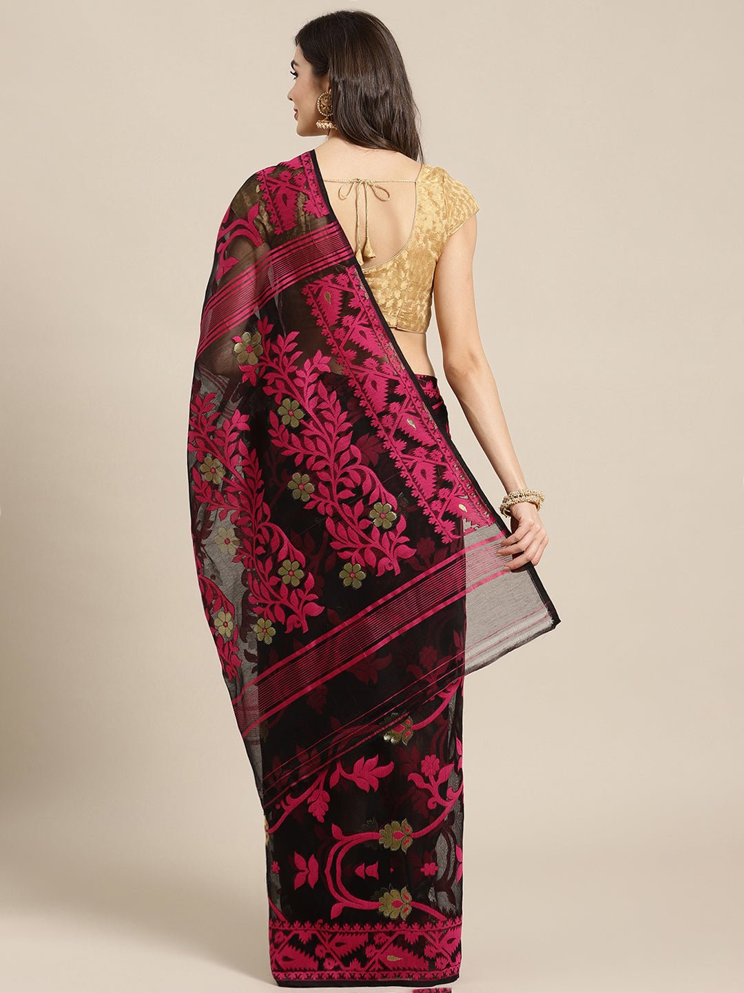 Black and Gold, Kalakari India Jamdani Silk Cotton Woven Design Saree without blouse CHBHSA0037 - Kalakari India