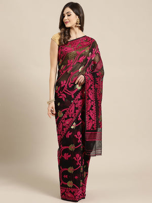 Black and Gold, Kalakari India Jamdani Silk Cotton Woven Design Saree without blouse CHBHSA0037 - Kalakari India