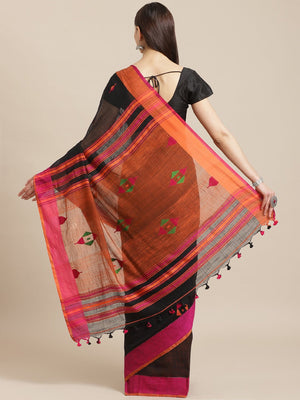 Black and Pink, Kalakari India Cotton Black Hand crafted saree with blouse SHBESA0016 - Kalakari India