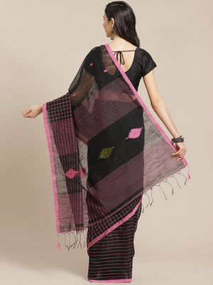 Black and Pink, Kalakari India Ikat Silk Cotton Woven Design Saree with Blouse SHBESA0051 - Kalakari India