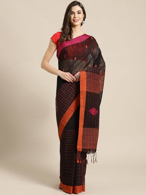 Black and Red, Kalakari India Ikat Silk Cotton Woven Design Saree with Blouse SHBESA0038 - Kalakari India