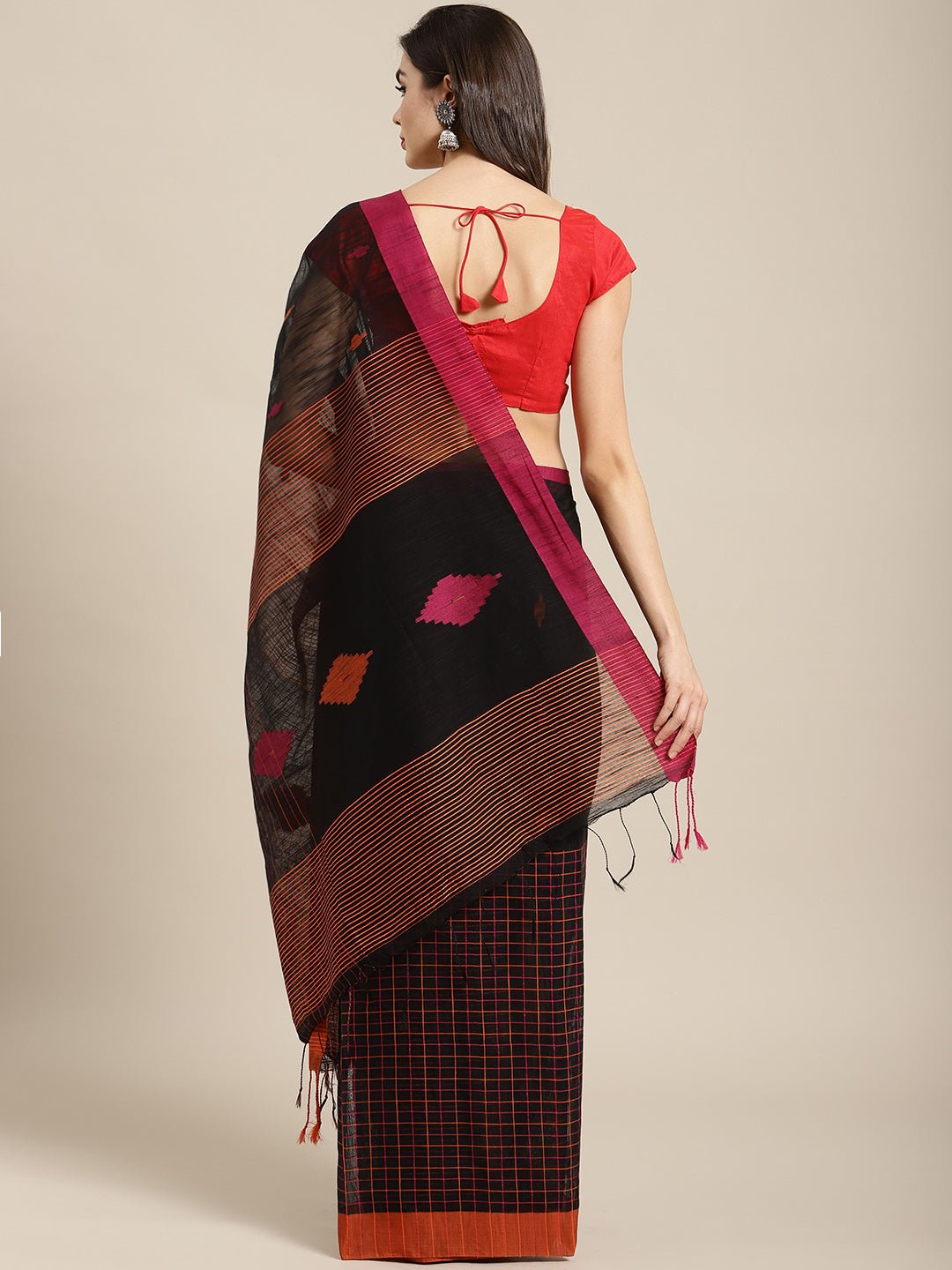 Black and Red, Kalakari India Ikat Silk Cotton Woven Design Saree with Blouse SHBESA0038 - Kalakari India