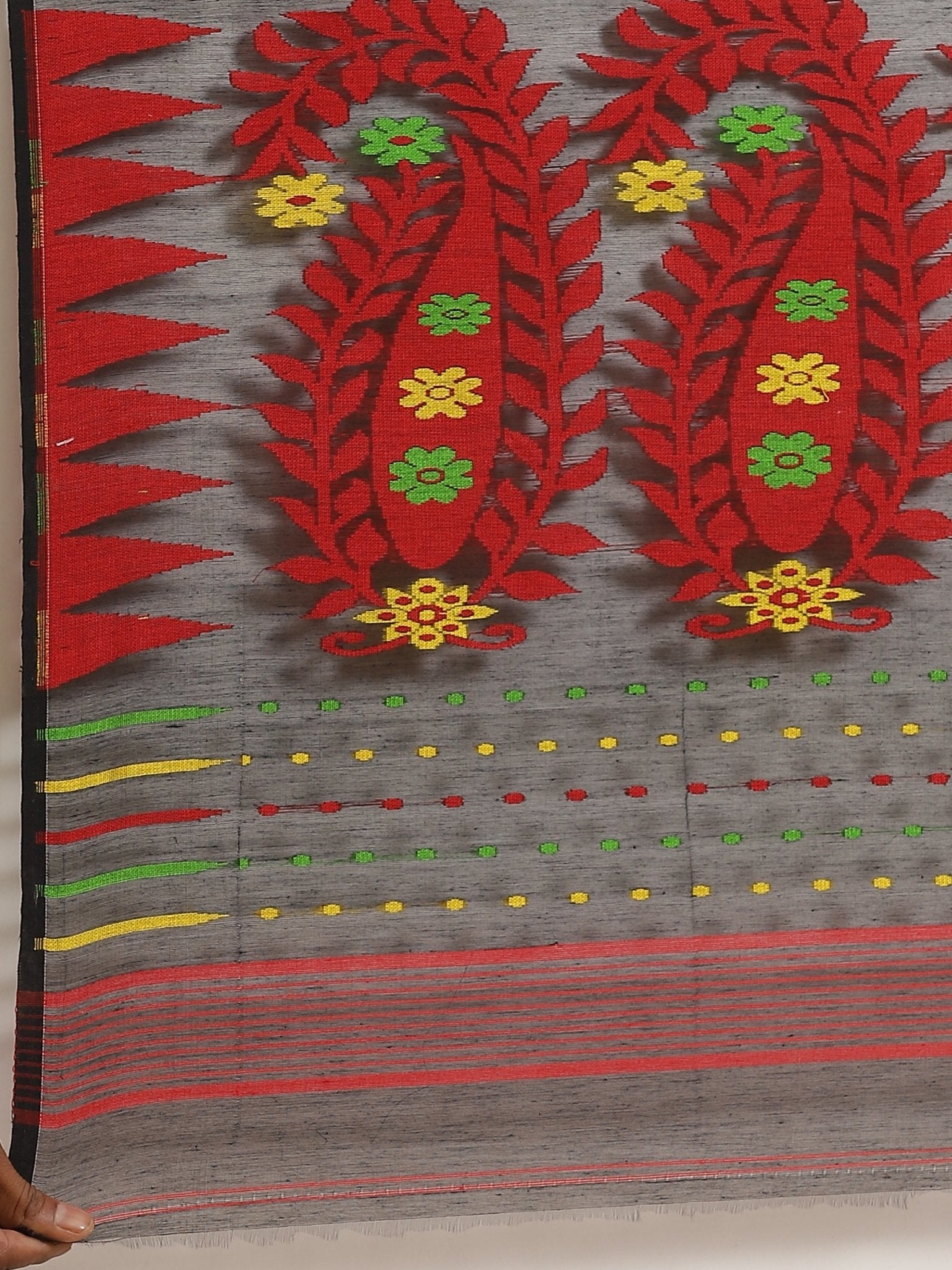 Black and Red, Kalakari India Jamdani Silk Cotton Woven Design Saree without blouse CHBHSA0009 - Kalakari India