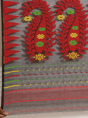 Black and Red, Kalakari India Jamdani Silk Cotton Woven Design Saree without blouse CHBHSA0009 - Kalakari India