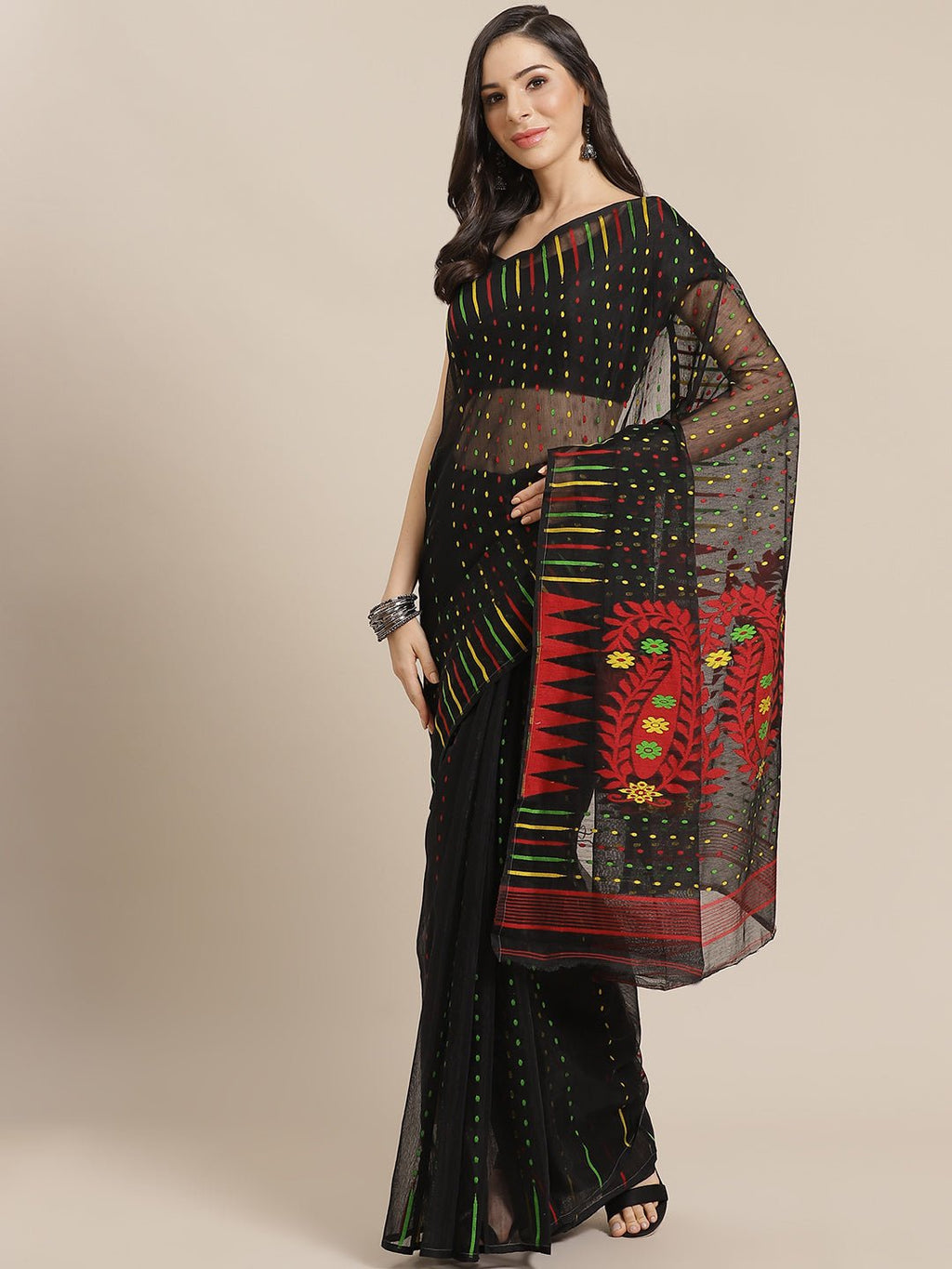 Black and Red, Kalakari India Jamdani Silk Cotton Woven Design Saree without blouse CHBHSA0009 - Kalakari India