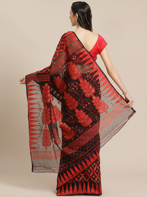 Black and Red, Kalakari India Jamdani Silk Cotton Woven Design Saree without blouse CHBHSA0012 - Kalakari India