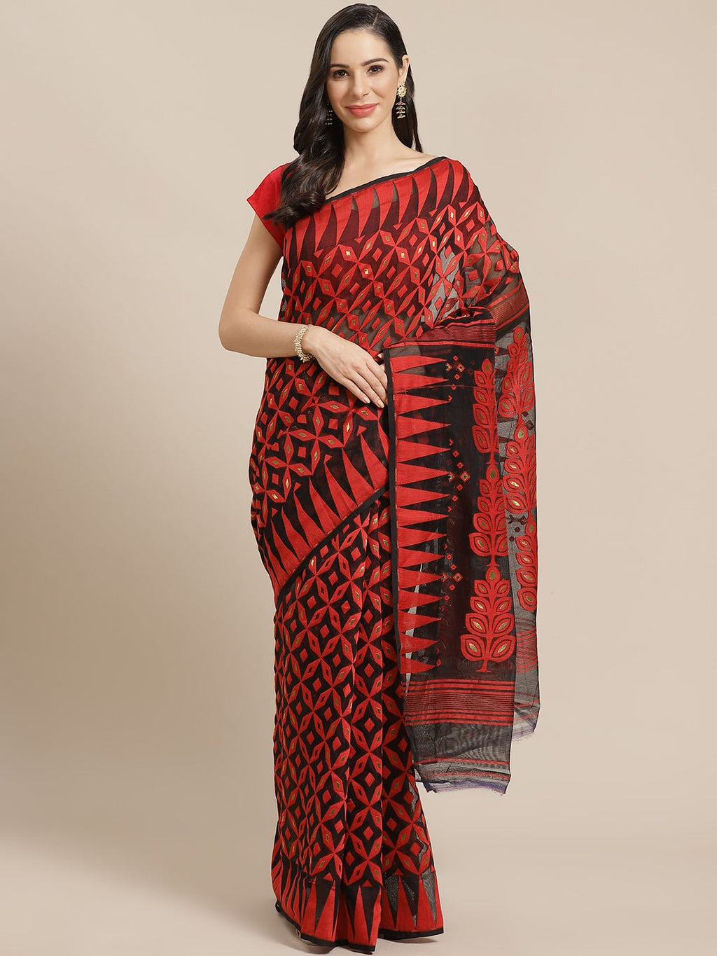 Black and Red, Kalakari India Jamdani Silk Cotton Woven Design Saree without blouse CHBHSA0012 - Kalakari India