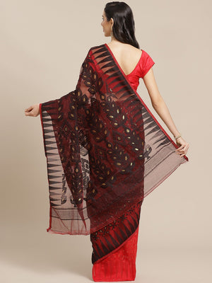 Black and Red, Kalakari India Jamdani Silk Cotton Woven Design Saree without blouse CHBHSA0021 - Kalakari India