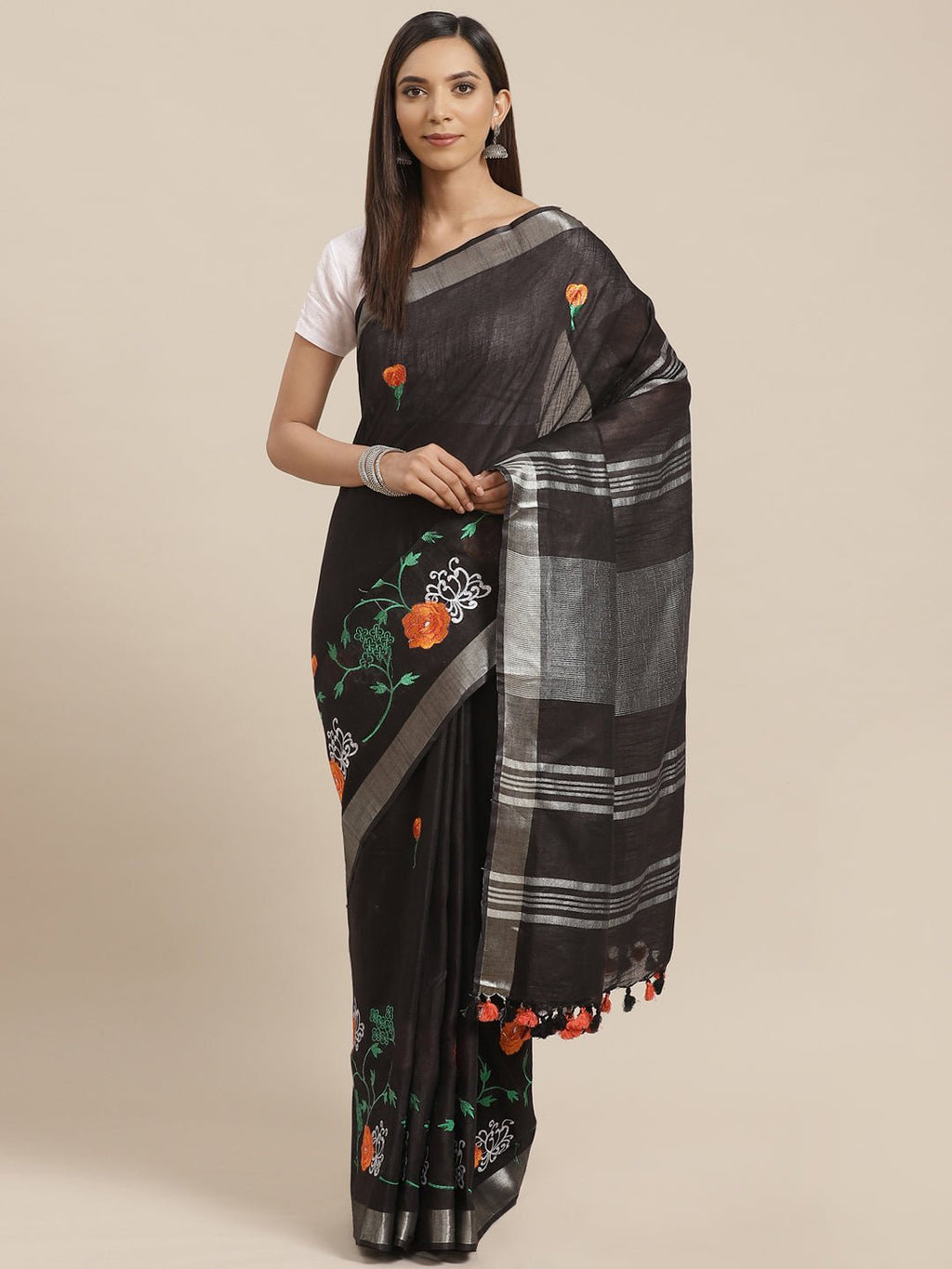 Black and Silver, Kalakari India Linen Woven Saree and Blouse ALBGSA0052 - Kalakari India