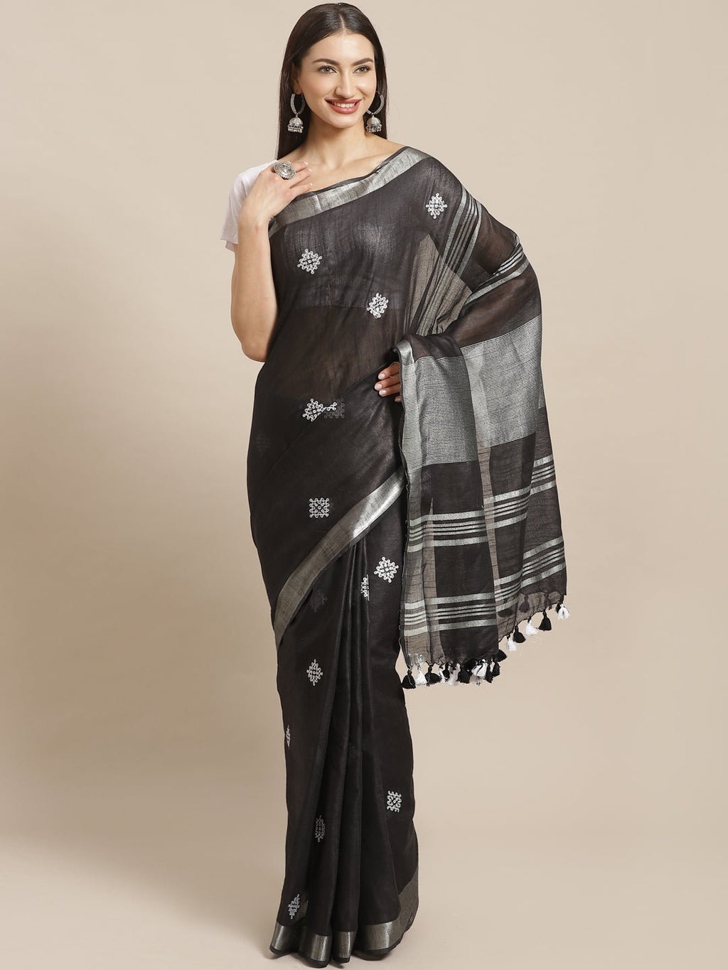 Black and Silver, Kalakari India Linen Woven Saree and Blouse ALBGSA0066 - Kalakari India