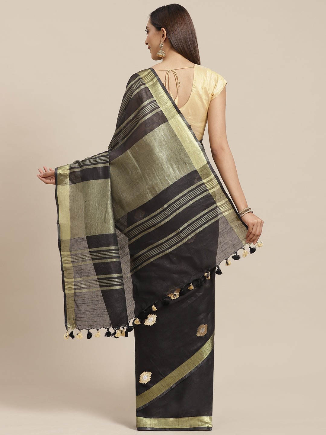 Black and Tan, Kalakari India Linen Woven Saree and Blouse ALBGSA0068 - Kalakari India