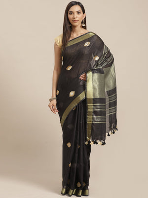 Black and Tan, Kalakari India Linen Woven Saree and Blouse ALBGSA0068 - Kalakari India