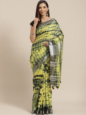 Black and Yellow, Kalakari India Linen Shibori Woven Saree and Blouse ALBGSA0070 - Kalakari India