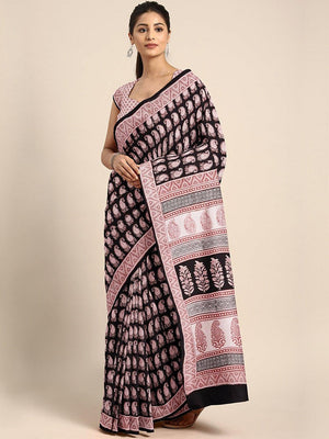 Black Beige Pure Cotton Printed Saree - Kalakari India