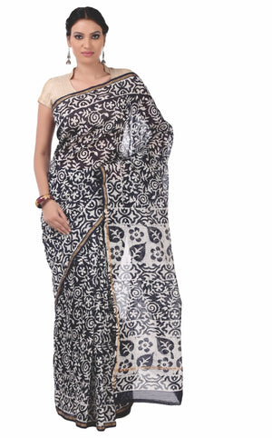 Black Chanderi Silk Batik Hand Block Print Handcrafted Saree - Kalakari India