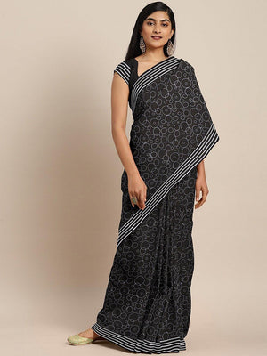 Black Charcoal Grey Pure Cotton Hand Block Printed Dabu Saree - Kalakari India