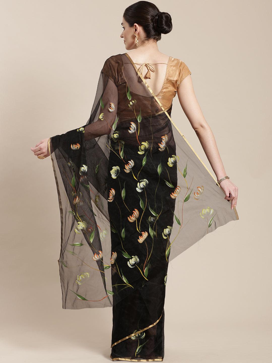 Black & Green Floral Hand Painted Organza Saree - Kalakari India