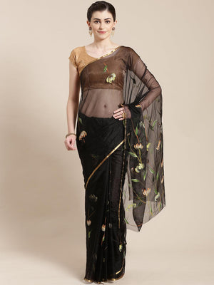 Black & Green Floral Hand Painted Organza Saree - Kalakari India