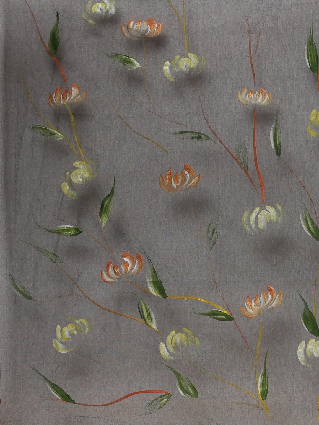 Black & Green Floral Hand Painted Organza Saree - Kalakari India